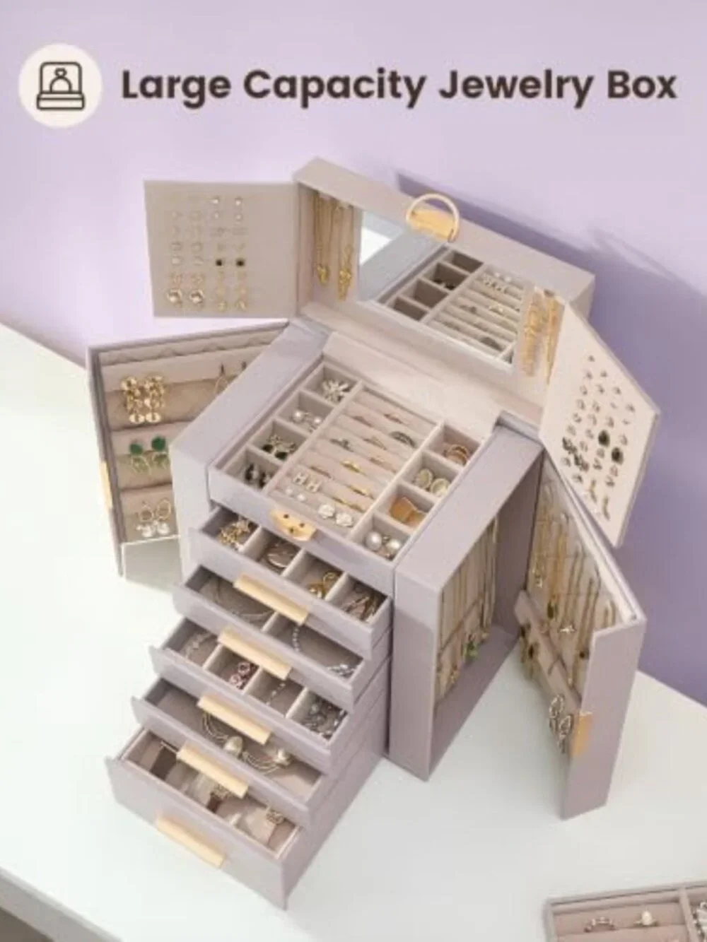 Large 6-Layer Jewelry Organizer Box with 5 Drawers - Stylish Purple Storage